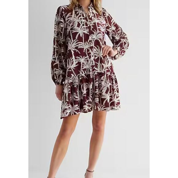 Express NWT Brown & white palm mini shirt dress Oversized flowy L/S tiered hem - Picture 2 of 12